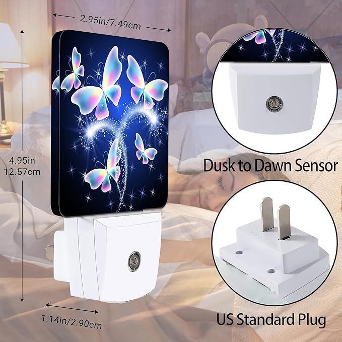 Transparent Butterfly Night Light, Glowing Firework Night Lights Plug into Wall Decor for Bedroom, Bathroom, Hallway, Kitchen, Dusk to Dawn Sensor Nightlights for Boys Girls Women Men Room Gifts