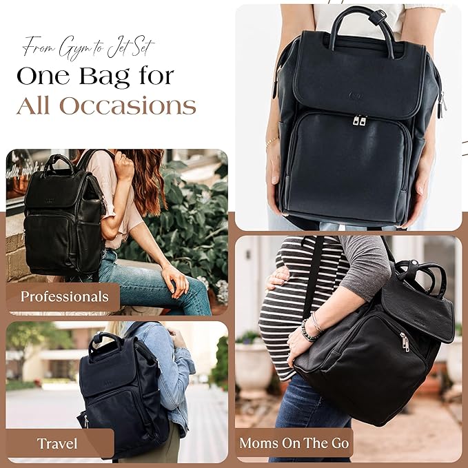 Citi Collective Explorer Black Diaper Bag Backpack - Vegan Leather Diaper Bag with Shoulder Strap, Insulated Bottle Pockets, Changing Pad, Stroller Clip- Versatile Diaper Bag for Baby