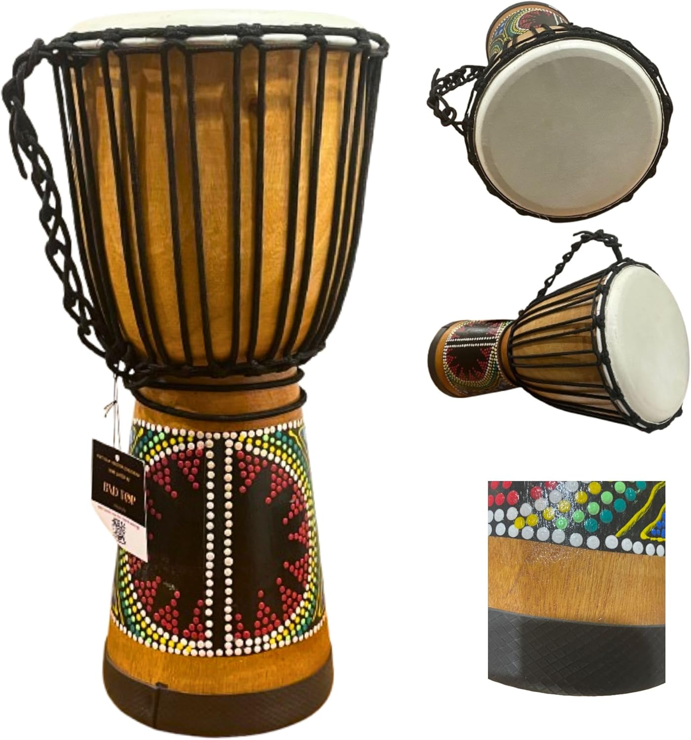 Djembe Drum with Rope (9x20 color) Hand-Carved Natural Wood jembe Drum – Unique, One-of-a-Kind African Percussion Instrument Drums