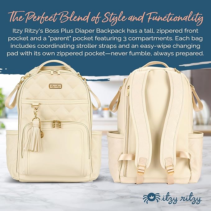Itzy Ritzy Diaper Bag Backpack – Large Capacity Boss Plus Baby Backpack Diaper Bag Featuring 19 Pockets, Changing Pad, Stroller Clips, and Comfortable Straps (Milk & Honey)