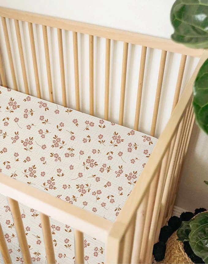 Crib Sheets for Baby Boy Girl 2 Pack, Fitted Crib Mattress Sheet 28" x 52", Muslin Toddler Bedding with Neutral Style, Nursery Bedding Essentials (Floral & Pink)