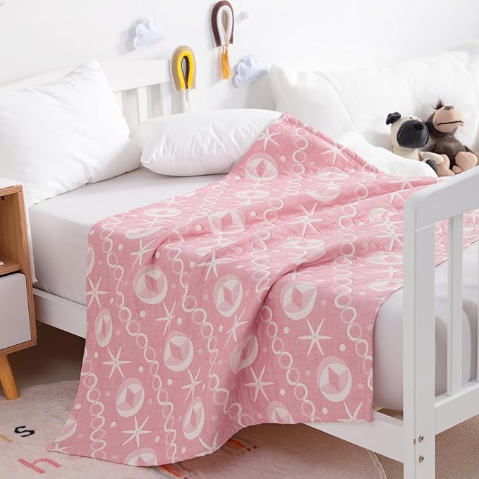 NTBAY 3 Layer Oversized Muslin Cotton Toddler Blanket, 45x60 Inches Jacquard Reversible Nursery Bed Blanket, Super Soft and Thermal Crib Blanket for All Seasons, Baby Gift, 45"x60", Pink Starfish