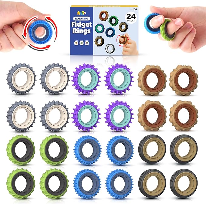 Fidget Toys Adults Sensory Rings: 24 Pack Texture Spinner Rings - Stress Relief Sensory Toys for Kids ADHD - Quiet Desk Fidgets for Classroom Stocking Stuffer for Adults Boys Girls