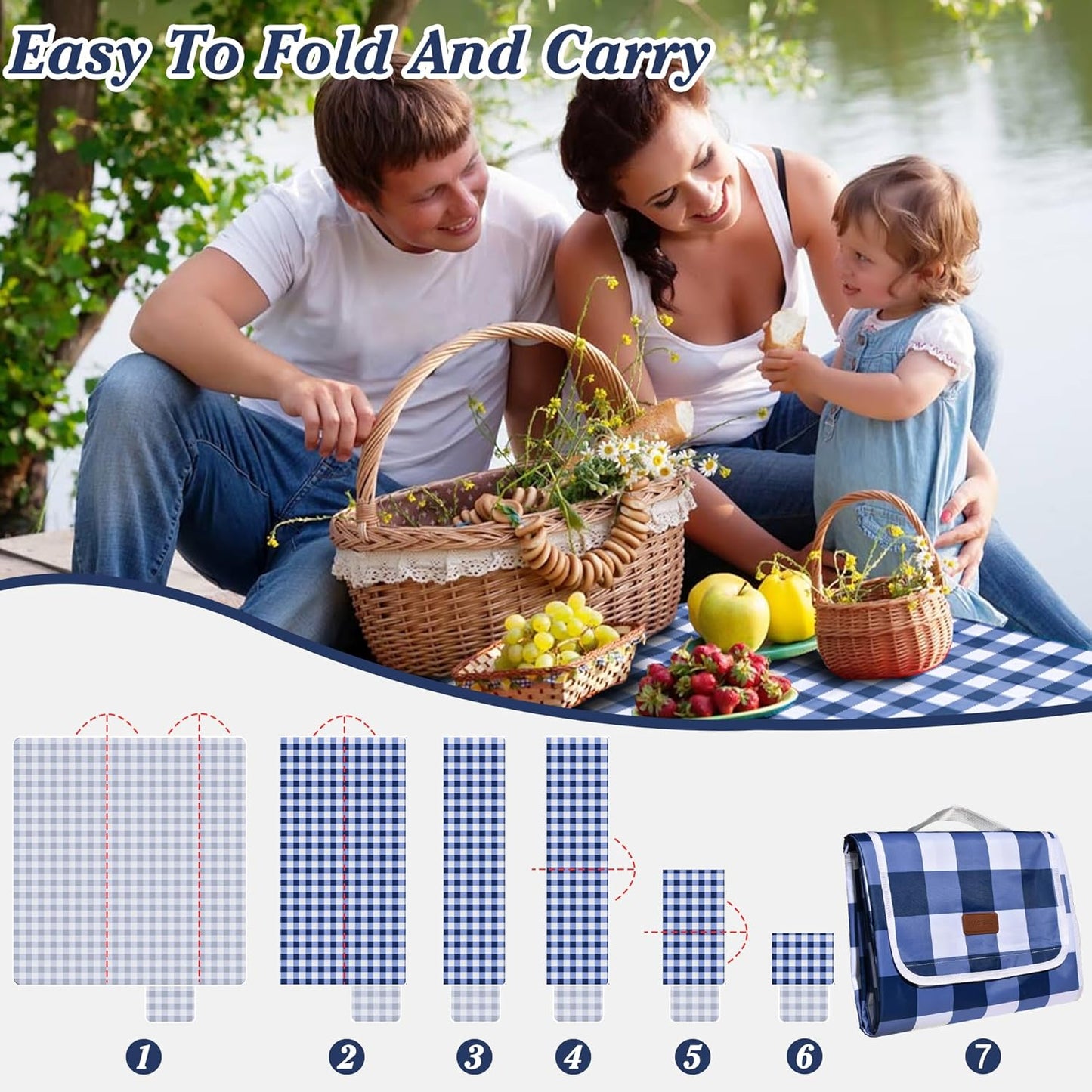 80"x80" Extra Large Waterproof Outdoor Mat - Sandproof Foldable Picnic Blanket for Family Camping, Backyard, Beach Parties - Heavy Duty & Easy Storage (Blue&White)