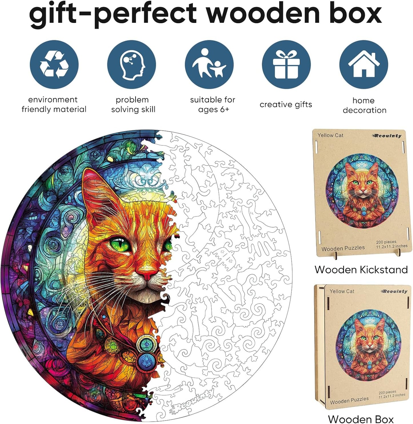 Cool Wooden Puzzle for Adults 500 Piece, Yellow Cat Wooden Jigsaw Puzzles, Beautiful Wooden Puzzle with Box Birthday Gifts for Adults and Kids Family Game(16.5 * 16.5in)