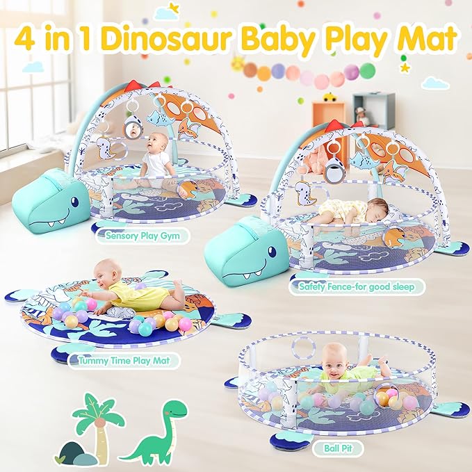 5-in-1 Baby Play Mat - Dinosaur Themed Activity Gym for Babies 0-6 Months with Ball Pit, Detachable Sensory Toys, Pillow, Machine Washable