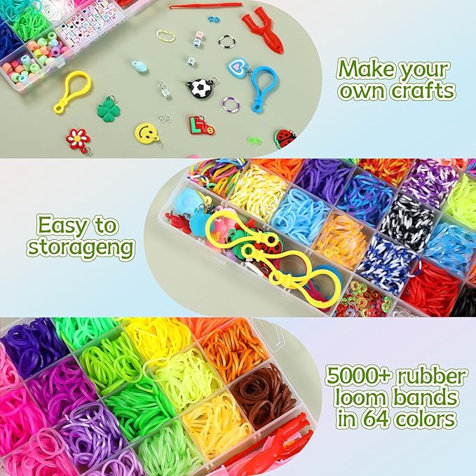 XKDOUS 64 Colors Rubber Band Bracelet Kit, Bracelet Making Kit for Art and Craft, Rubberband Bracelets Kit for Kids Ages 6+, Bands Kit Girls Boys Birthday Gift