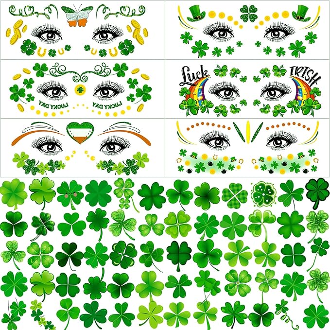 120+ PCS Glitter St Patrick's Day Face Tattoos Stickers, Two Sizes Glitter Body Jewelry Lucky Shamrock Clover Tattoos, St. Patrick's Day Accessories Temporary Tattoos for Irish Party