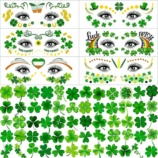 120+ PCS Glitter St Patrick's Day Face Tattoos Stickers, Two Sizes Glitter Body Jewelry Lucky Shamrock Clover Tattoos, St. Patrick's Day Accessories Temporary Tattoos for Irish Party