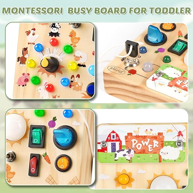 Joyreal Wooden Busy Board with LED Light, Montessori Toddler Toys, Wooden Sensory Board, Toddlers Activity Travel Toys for Boy & Girl Birthday Gift (Farm Theme)