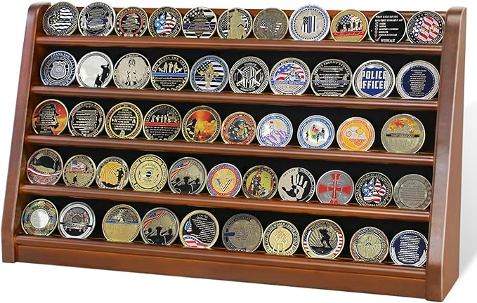 5 Rows Challenge Coin Holder Display Stand Holds 50 Coins for Wall Mount or Tabletop, Solid Wood Military Coin Rack Display Case for Collectibles, Walnut