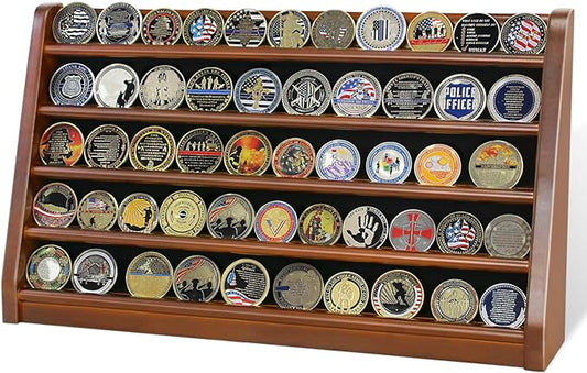 5 Rows Challenge Coin Holder Display Stand Holds 50 Coins for Wall Mount or Tabletop, Solid Wood Military Coin Rack Display Case for Collectibles, Walnut