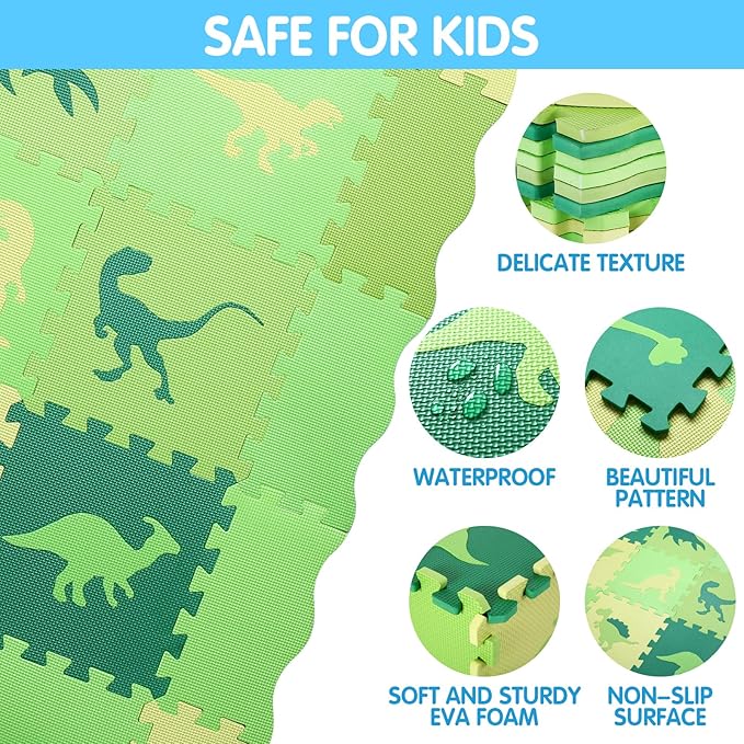 Foam Play Mat for Kids，25Pcs Square Interlocking Puzzle Floor Mat，Baby Play Mat Floor Mat Foam Puzzle Playmat for Toddlers with Fence - Green Dinosaurs