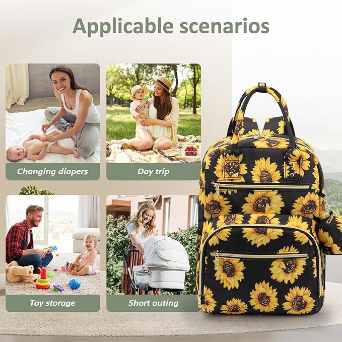 Diaper Bag Backpack,Baby Essentials Diapers Bag with Pacifier Case,Multipurpose Stylish Large Capacity Travel Backpack for Baby Girl/Boy(M-Sunflower)