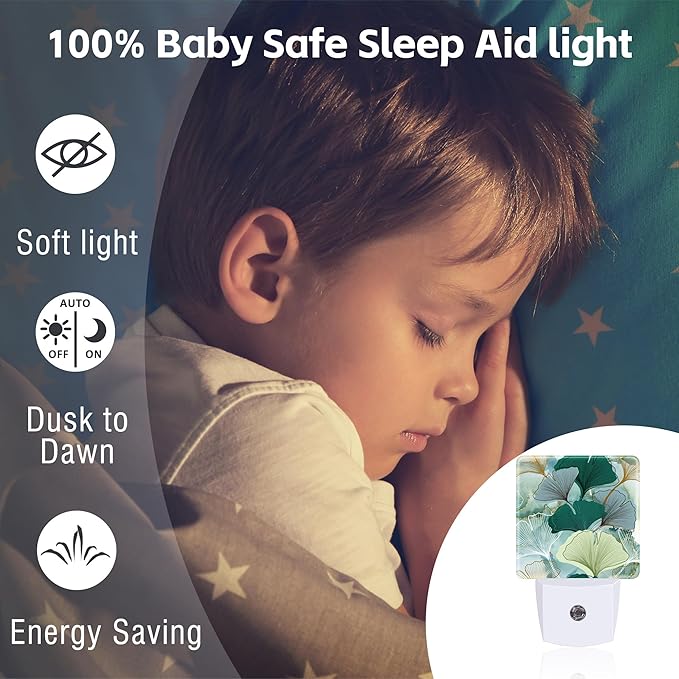 Green Gold Ginkgo Leaves Night Light for Kids,Abstract Botanical Leaves Night Light Plug in with Dusk to Dawn Sensor,0.5w Energy Saving Nightlight for Hallway Stairway Kitchen Bedroom