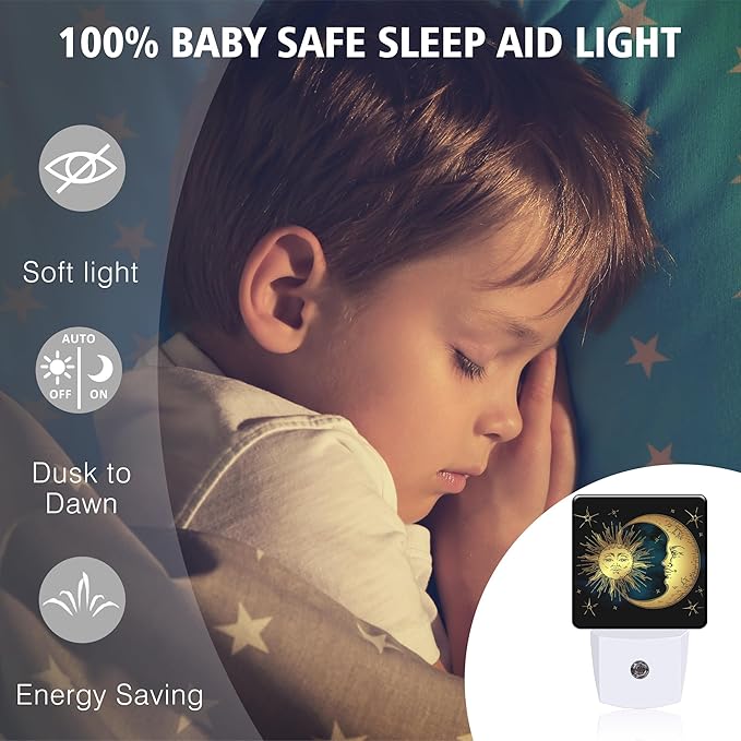 Celestial Moon Sun Night Light Plug into Wall with Dusk to Dawn Light Sensors Boho Chic Stars Night Light LED Lamp for Bedroom Hallway Home Wall Decor Nightlight for Girls Boys Men Women