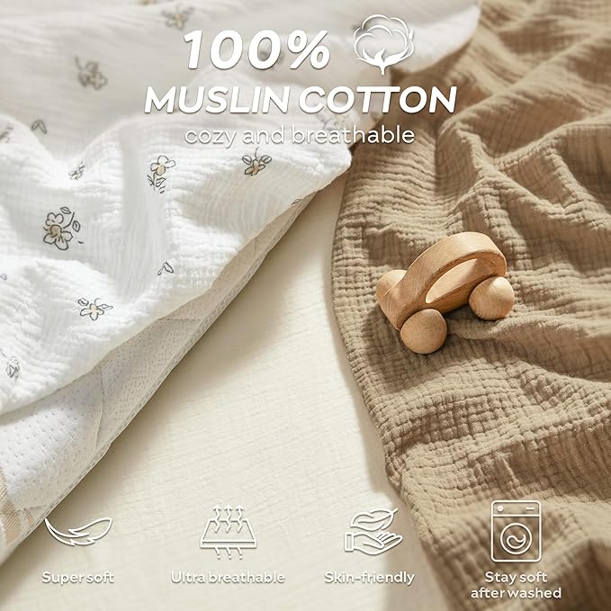 JELLYMONI 2 Pack Muslin Toddler Pillowcase for 13x18 Pillow, 100% Cotton Baby Pillow Case Cover for Bed, Toddler Cot and Travel, Soft & Breathable Baby Kids Envelope Pillowcase, No Pillow