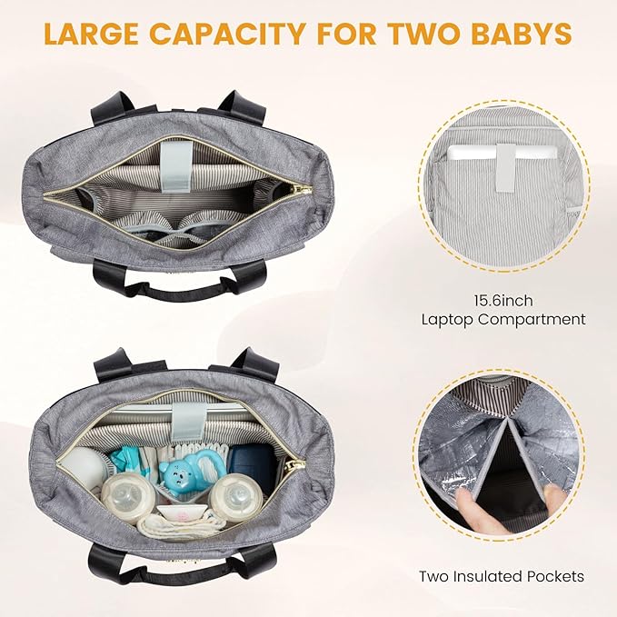 LOVEVOOK Diaper Bag Backpack,Diaper Bag Tote with Insulated Pockets,Baby Bag for Girl Boy with Changing Pad,Large Baby Diaper Bag with Pacifier Case,Anti-Theft Travel Backpack for Women,Black-Gray