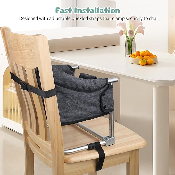 Booster Seat for Dining Table: Portable Toddler Booster Chair with Safety Buckle and Height Adjustable, Foldable Baby Feeding Chair, Kids High Chair Booster Seat for Kitchen Home Travel - Black