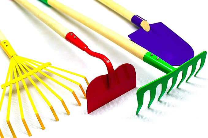 JustForKids Kids Garden Tool Set Toy, Rake, Spade, Hoe and Leaf Rake, reduced size , made of sturdy steel heads and real wood handle, 4-Piece, Multicolored, 5yr+