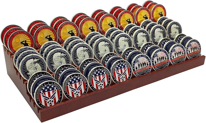 100% Solid Wood Challenge Coin Display Stand,Three-Tier Coin Rack Military Coins Display Holders Shelves,9 Row Wooden Army Collectible Coins Holder Case Holds 60-75 Coins