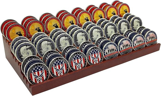100% Solid Wood Challenge Coin Display Stand,Three-Tier Coin Rack Military Coins Display Holders Shelves,9 Row Wooden Army Collectible Coins Holder Case Holds 60-75 Coins