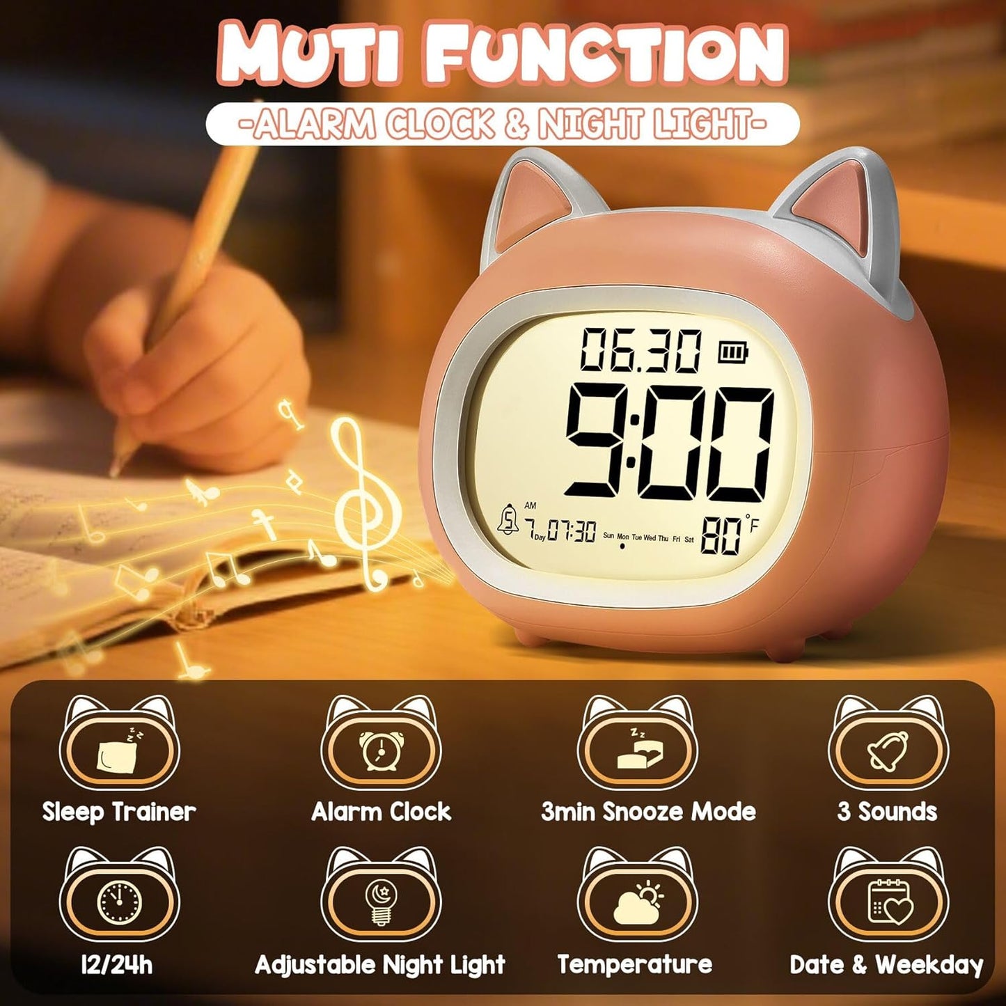 Kids Alarm Clock with Night Light for Kids, Small Digital Alarm Clocks for Bedrooms, Routine Builder, Cute Cat Alarm Clock with Sleep Training, Snooze, 12/24H, Date & Day, Temperature, USB Port