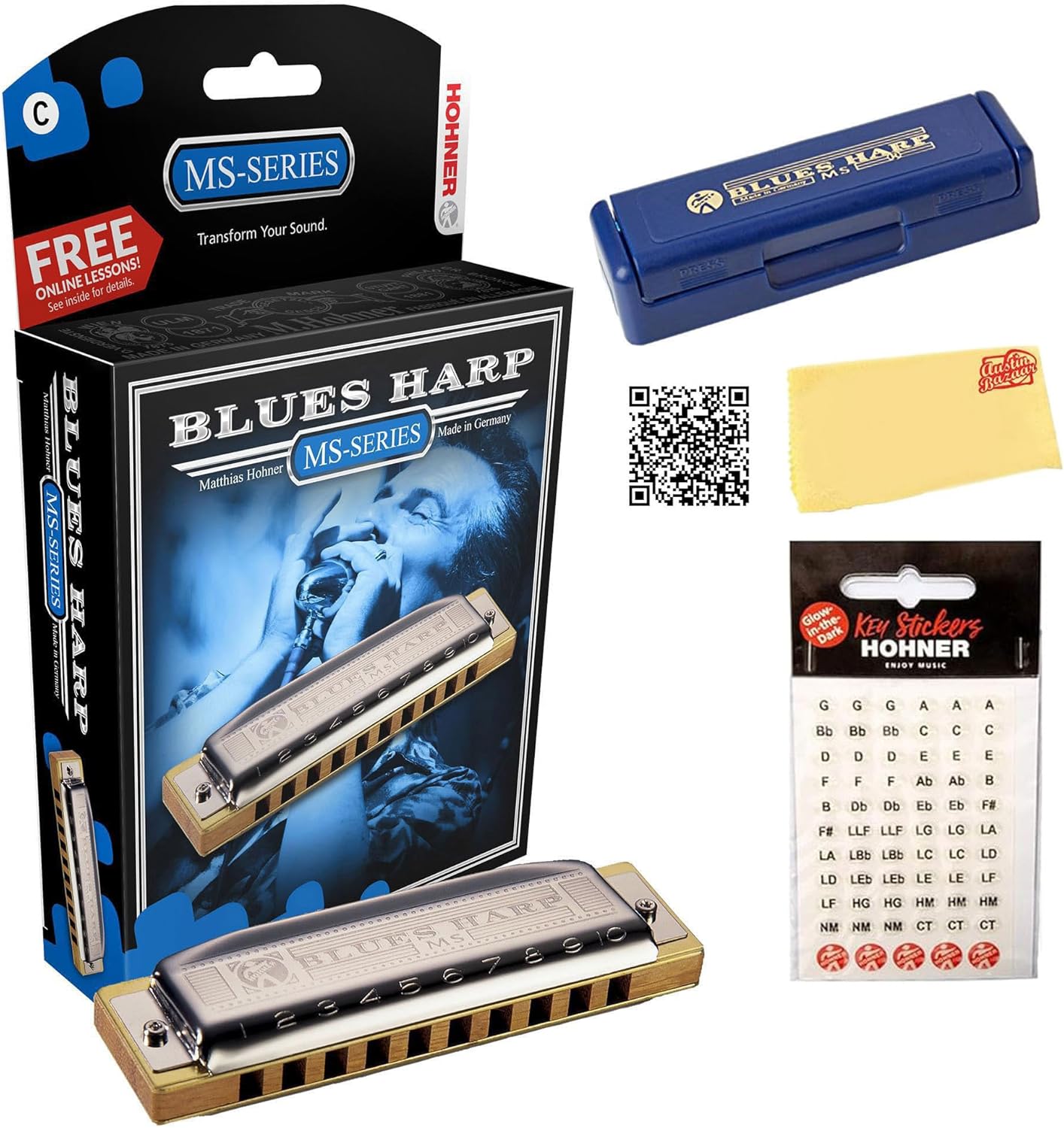Hohner 532 Blues Harp MS Harmonica - Key of G Bundle with Case, Key Stickers, Harmonica Beginner Online Manual, and Austin Bazaar Polishing Cloth