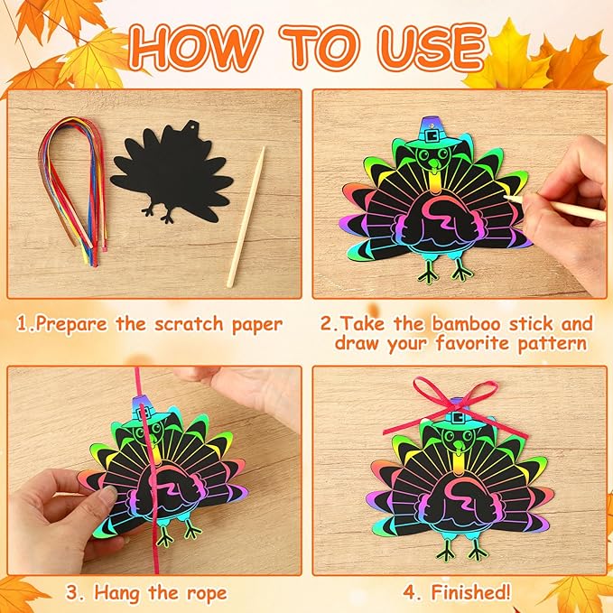 JULMELON 36Pcs Thanksgiving Fall Arts and Crafts, Rainbow Scratch Paper Art Cute Turkey Crafts for School Classroom Activity Autumn Harvest Thanksgiving Party Favors Gifts