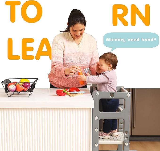 SDADI Adjustable Height Kids Kitchen Step Stool with Removable Safety Rails and Anti-Slip Protection- Toddler Standing Tower with with Ring Toss for Learning and Playing (Dark Grey and Light Grey)