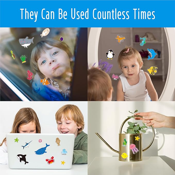 42PCS Marine Animal Jelly Stickers, Thick Window Door Clings Removable Reusable Gel Clings Decals for Kids Toddlers Adults Home Classroom Nursery Animal Party Supplies Decorations (Not Edible)