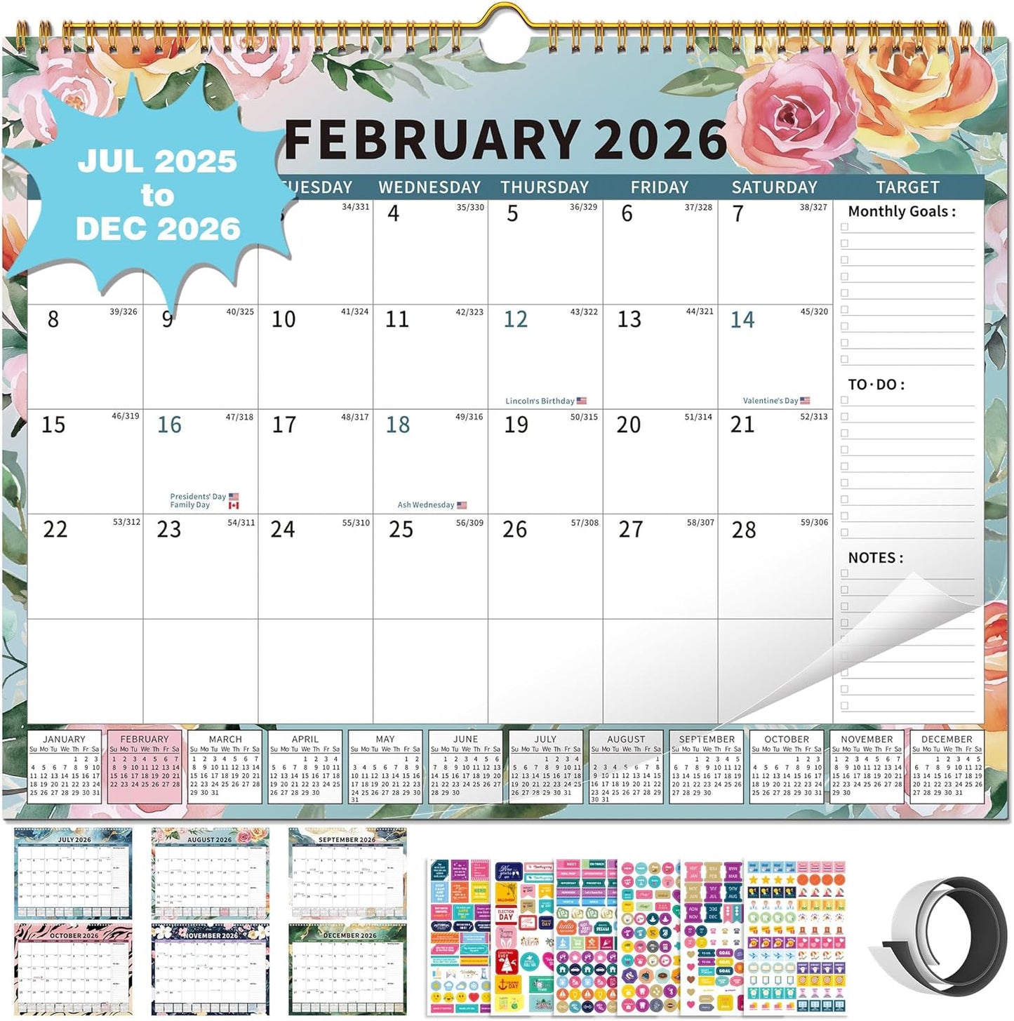 2025-2026Calendar, 18 Month Wall Calendar 2025-2026 Hanging Spiral Bound Magnetic Fridge Desk Calendars 15" x 12", Jul 2025 - Dec 2026, A- Small Rainbow