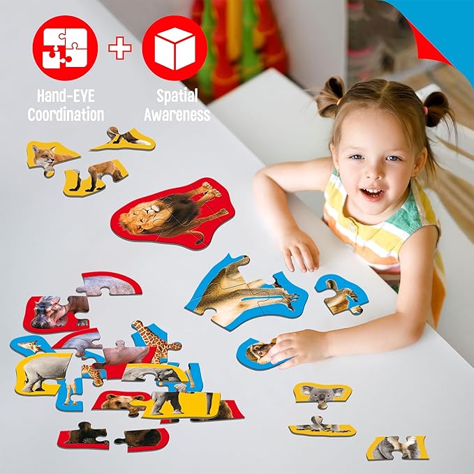 12 Pack Wild Animal Puzzles, 48 Pieces Step-by-Step Animal Jigsaws, Realistic Safari Animal Jigsaw Puzzles with Name Guide Early Learning for Beginner Preschool Toddlers 3+ Years Old