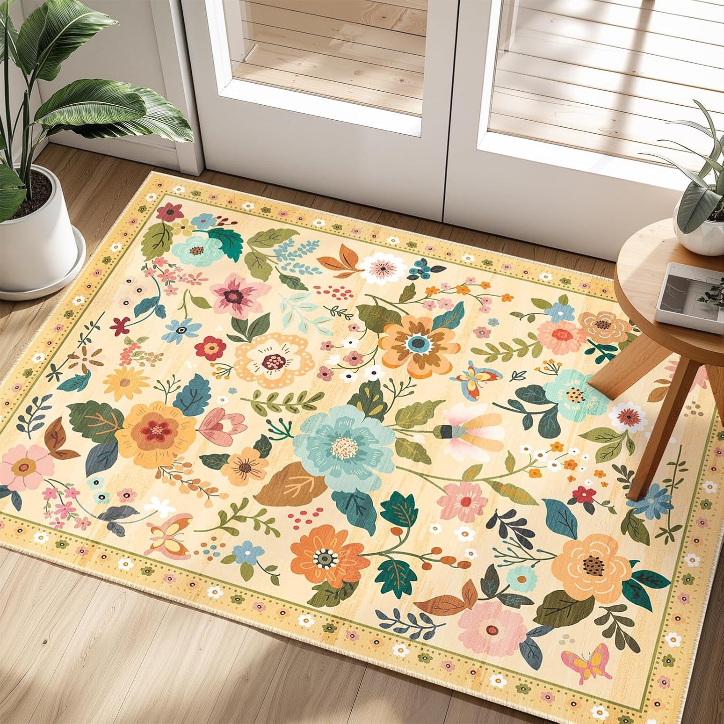 Floral 2x3 Area Rug Machine Washable Soft Print Boho Carpet Non Slip Doormat Low Pile Flower Area Rugs for Living Room Bedroom Nursery Kitchen Dining Room Indoor-Ivory/Yellow
