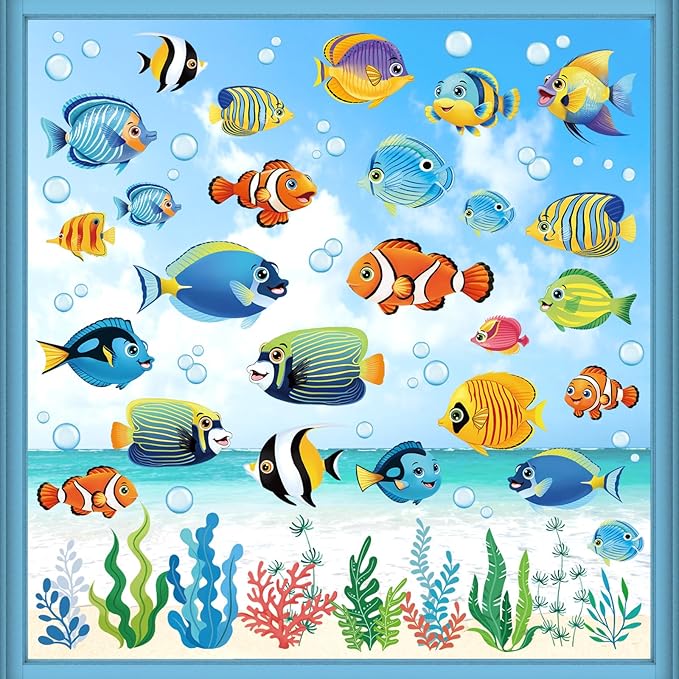 decalmile Summer Under The Sea Fish Double Sided Window Clings Ocean Animal Tropical Fish Seaweed Anti-Collision Glass Doors Window Stickers Decals
