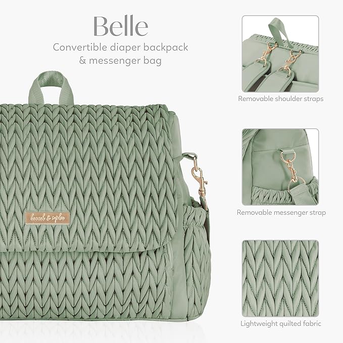 Hannah & Sophia Belle Convertible Baby Diaper Backpack & Bag in Sage Green, Large Size, Dual Sided Water Resistant Changing Mat Included, Detachable Shoulder Straps, Easy To Use
