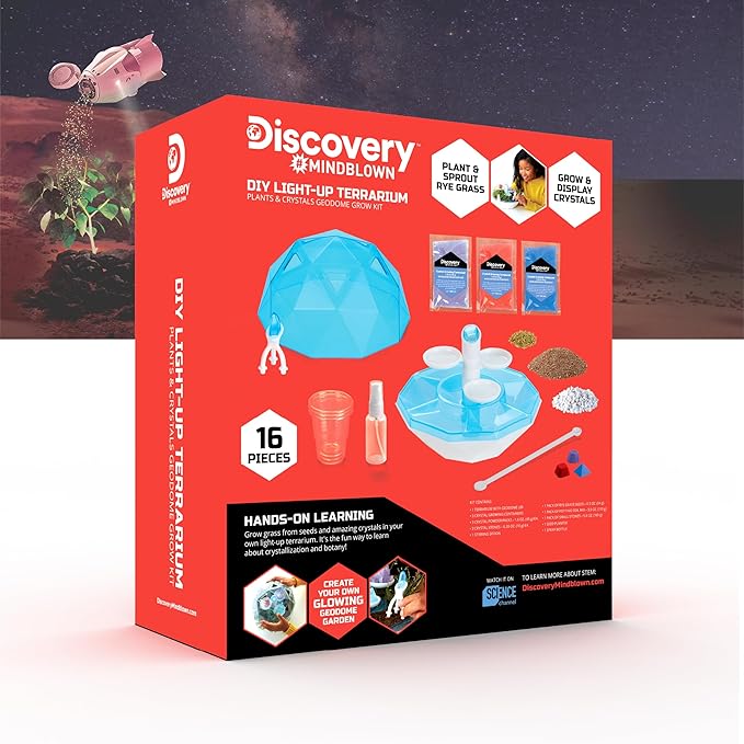 Discovery™ DIY Light-Up LED Terrarium - Plants & Crystals Geodome Grow Kit, 3 Colorful Crystal Formations, Rye Grass, Education STEM Activity Set, Indoor Science Experiment, Chemistry Gift