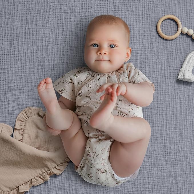 Blissful Diary Muslin Crib Sheets for Girl Boy, Boho Neutral Soft Cotton Baby Sheet for 52''x28'' Standard Crib Mattress, 2 Pack(Light Blue&Grey)