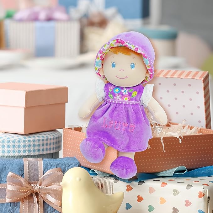 June Garden Personalized Soft Dolly Laura - Stuffed Soft Baby Doll for Birth and Up with Custom Name - Purple Dress - 13"