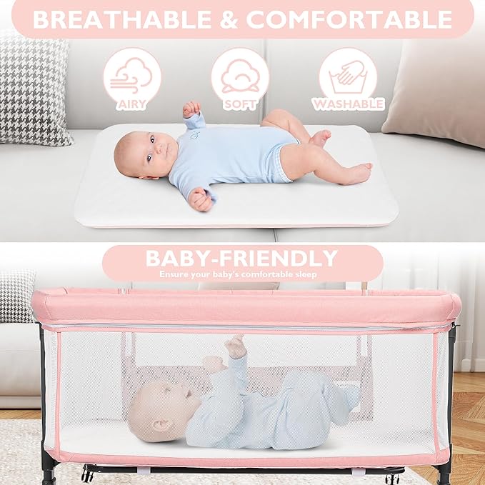 Baby Bassinet Bedside Sleeper, 2 in 1 Folding Portable Newborn Bedside Sleeper, All-Sided Mesh Infant Travel Crib for Toddlers, 6 Adjustable Height, with 4 Wheels, Grey