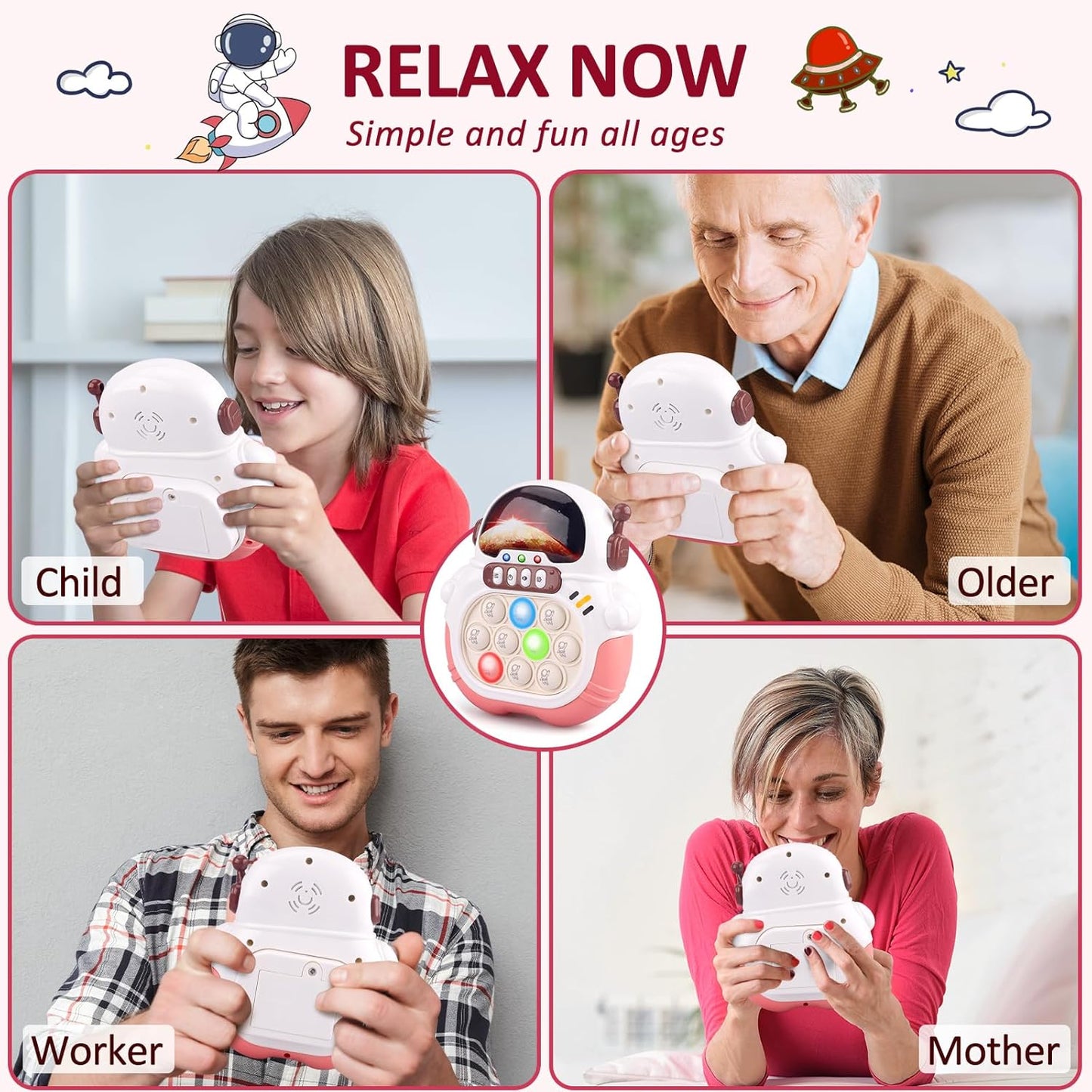 Quick Push Game Fidget Toys for Kids Adults, Handheld Puzzle Game Sensory Toys, Fast Push Bubble Game, Xmas Birthday Gifts for Boys Girls (Astronaut - Pink)