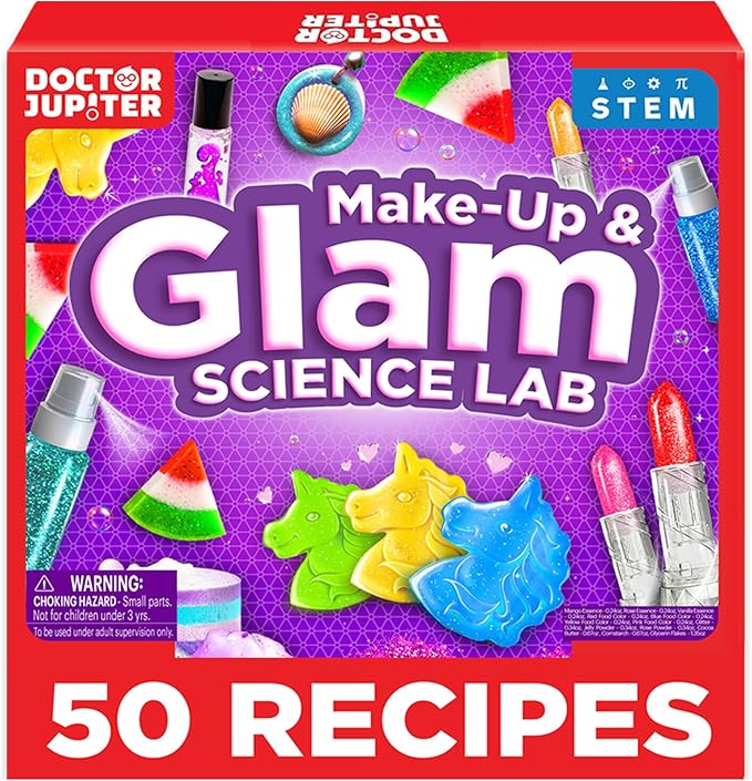 Doctor Jupiter Glam DIY Craft, Make-Up Kit for Girls Ages 6-8-12 | Lip Gloss, Bath Bomb, Perfume Making Kit with 50 Beauty Science Experiments | Birthday Gift Ideas for 6-7-8-9+ Year Old Girls
