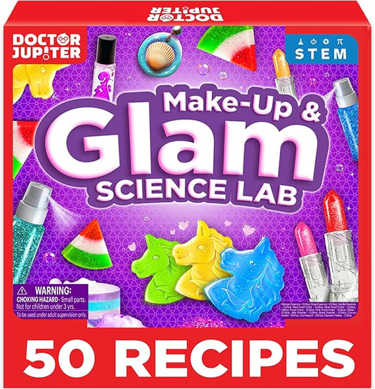 Doctor Jupiter Glam DIY Craft, Make-Up Kit for Girls Ages 6-8-12 | Lip Gloss, Bath Bomb, Perfume Making Kit with 50 Beauty Science Experiments | Birthday Gift Ideas for 6-7-8-9+ Year Old Girls