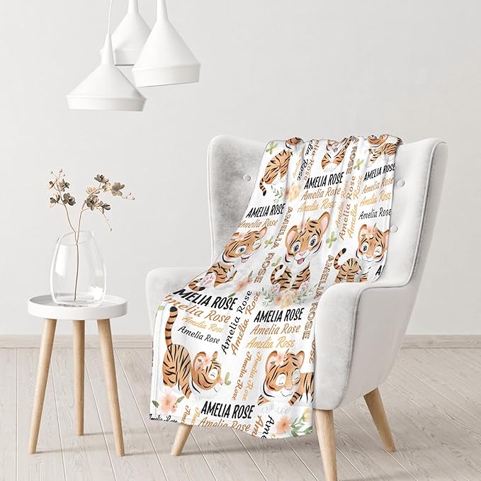 Personalized Baby Blanket for Girls Boys Kids Tiger Custom Baby Blanket with Name Throw Birthday Gift for Toddlers Infants Shower Newborns Nursery Stroller Crib Bed Decor