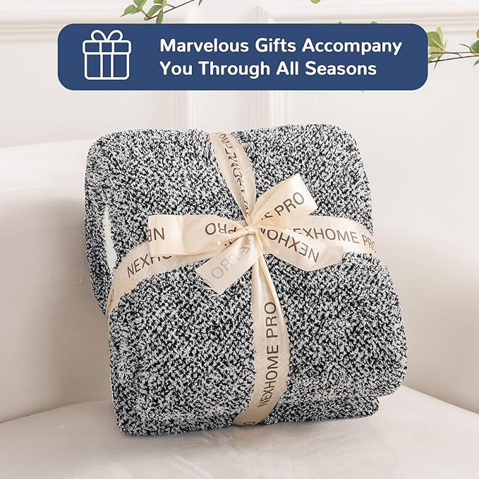 NEXHOME PRO Soft Throw Blankets for Couch, Reversible Warm Blankets Cozy Knit Blanket for Women, Fuzzy Plush Lightweight Throws for Sofa, Bed, Picnic, Black 50 x 60 inches