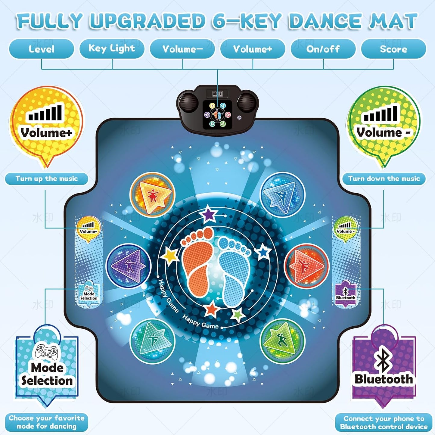Dance Mat for Kids with Wireless Bluetooth, 5 Game Modes, LED Lights, Music Box with 6 Light-up Pads, Music Game Dance Toy for Girls Boys Gifts 3 4 5 6 7 8 9 10+ Year Old