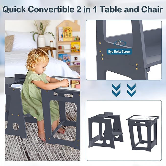 4 in 1 Toddler Step Stool Tower, Foldable Learning Standing Tower with Whiteboard 2 in 1 Convertible Table and Chair, Removable Safety Rail, Widened Platforms for Kitchen Counter Bathroom Sink