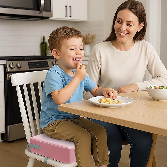 Toddler Booster Seat for Dining Table, 2 Elastic Seat Belts, Anti Scratch PU Skin-Friendly, Waterproof, Anti-Wrinkle, Detachable Non-Slip Bottom - Pink