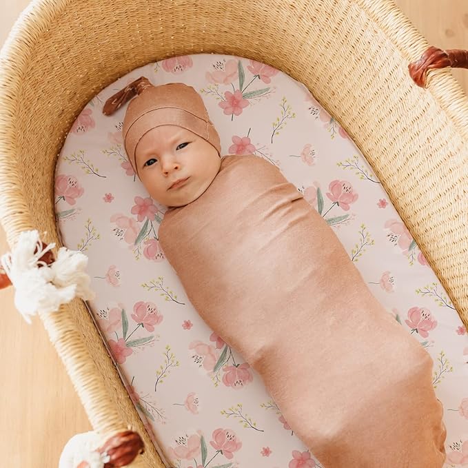 Stretch Fitted Bassinet Sheet Set BROLEX 2 Pack Cradle Sheets for Bassinet Pad/Mattress,Unisex Boys Girls,Ultra Soft,Pink Blossom