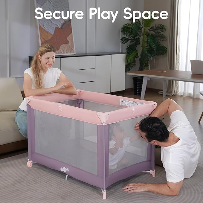 Pamo Babe Portable Playard with Mat Pad and Toy Bar Pink Play Yard for Baby